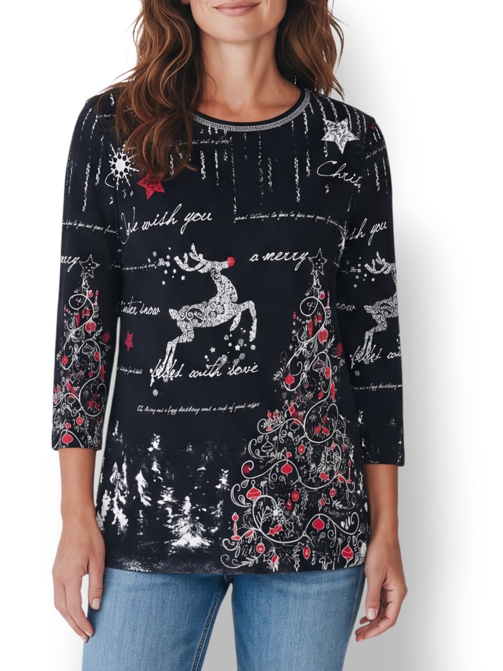 4/$20 Jess & Jane Reindeers Dream Christmas Tree Rhinestone Top Small USA